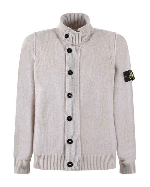 Stone Island Gray High Neck Logo Patch Ribbed Cardigan for men