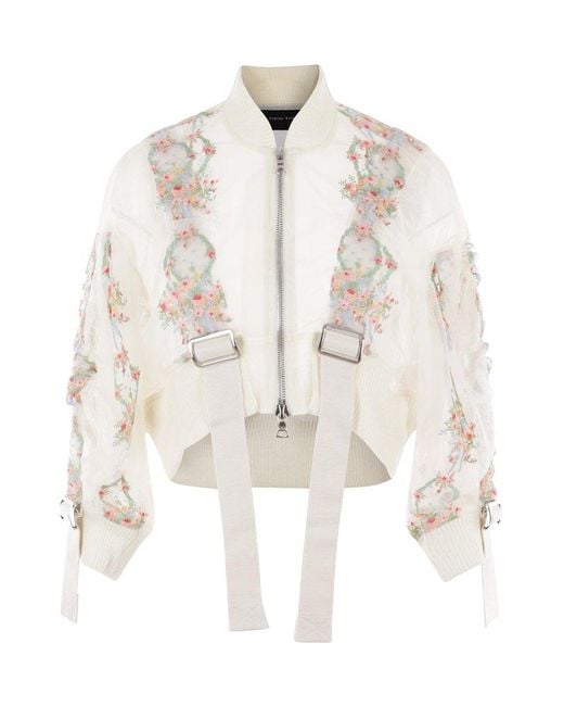 Simone Rocha White Floral-embroidered Semi-sheer Zipped Bomber Jacket