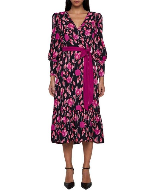 Diane von Furstenberg Purple Blade Print Wrap Midi Dress