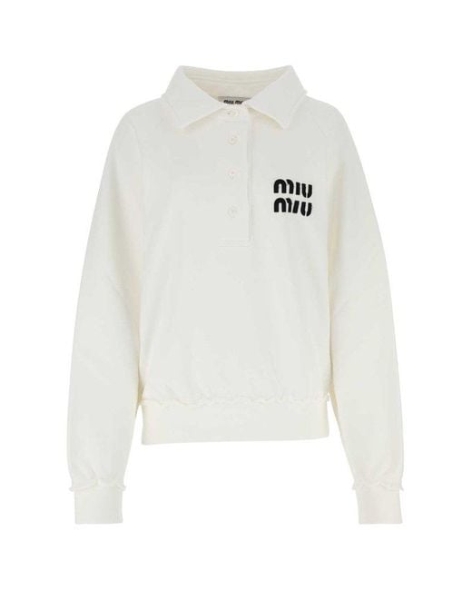 Miu Miu White Logo Detailed Long Sleeved Polo Shirt