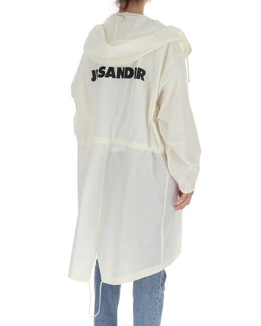 Jil Sander White Logo Printed Hooded Coat