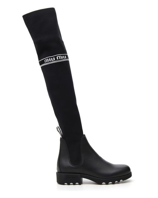 Miu Miu Black Over The Knee Logo Sock Boots