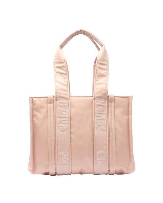 Chloé Pink Woody Logo Embroidered Medium Tote Bag