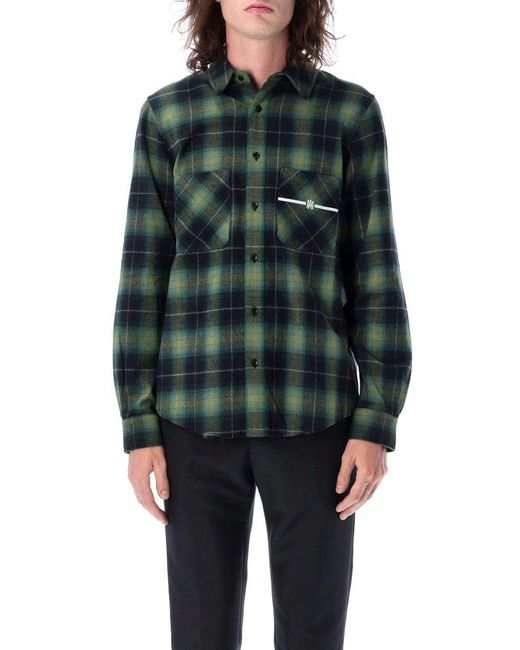 Amiri Cotton Logo Detailed Longsleeved Check Shirt in Green for Men Lyst