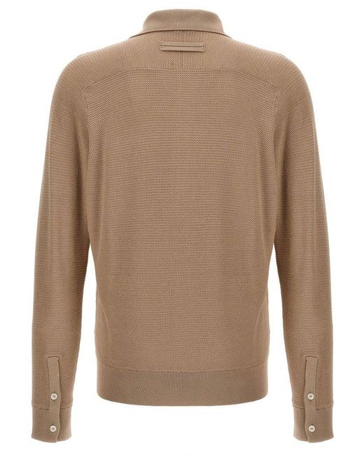 Zegna Natural Long-sleeved Knitted Polo Shirt for men