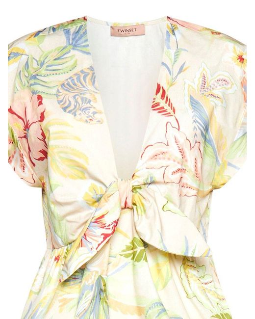 Twinset White Floral-Printed V-Neck Cap-Sleevesd Blouse