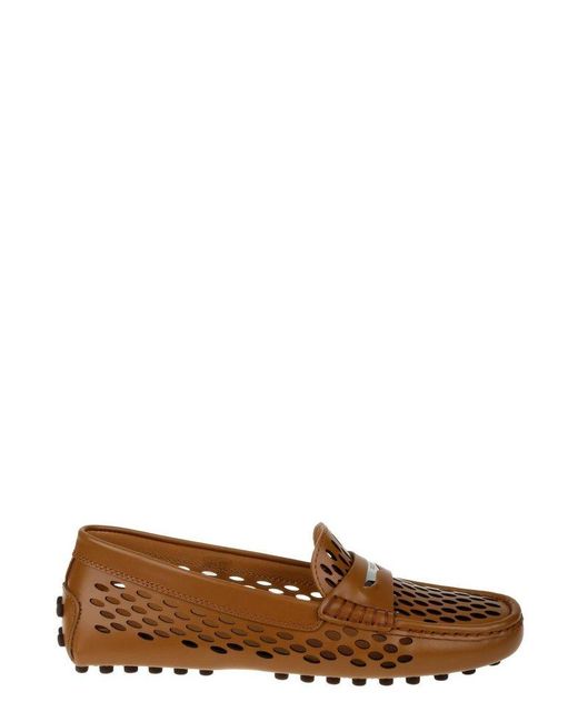 Tod's Brown Logo Engraved Perforated Loafers