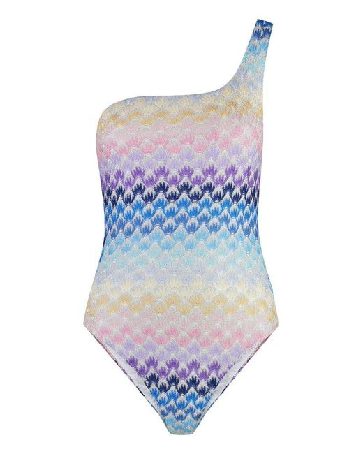 Missoni Blue Knitted-overlay One-shoulder Asymmetric Swimsuit