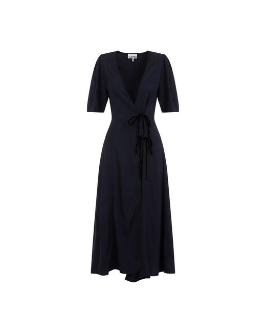 Ganni Blue Twill Wrap Midi Dress