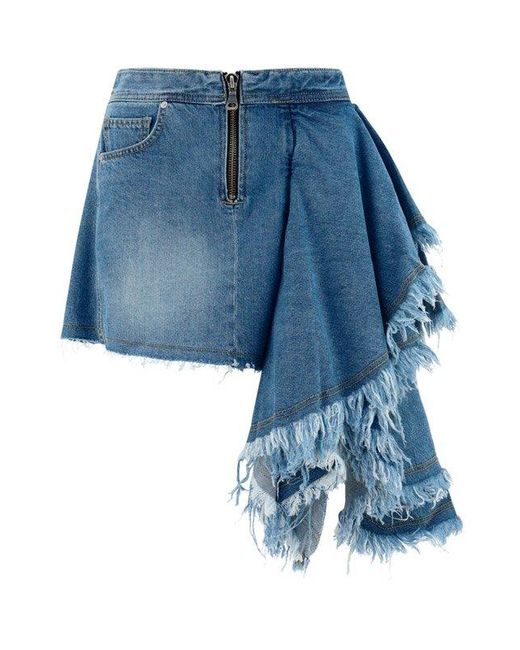 ANDERSSON BELL Blue Frayed Denim Asymmetric Mini Skirt