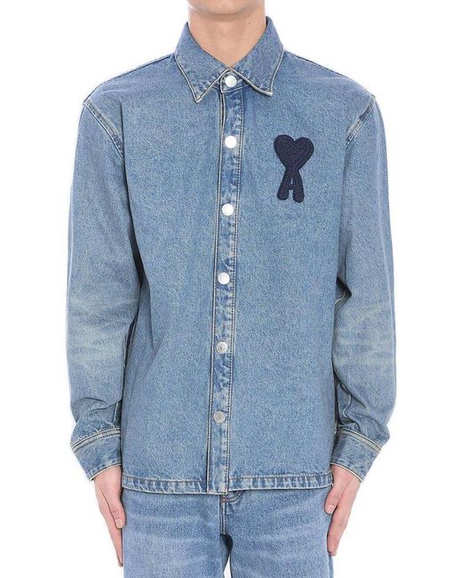Ami Paris Brand-Appliqué Relaxed-Fit Denim Shirt in Blue for
