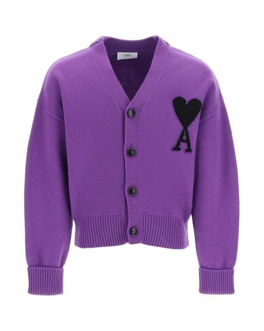 AMI Purple Paris Logo Intarsia Knitted V-neck Cardigan