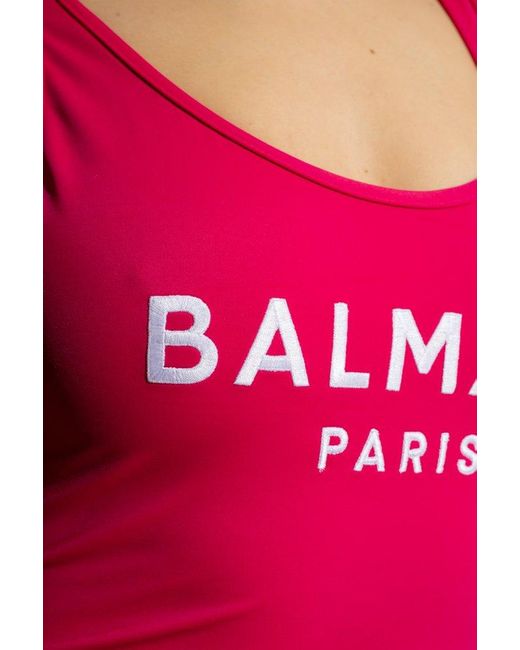 Balmain Pink Logo-print Scoop-back Swimsuit