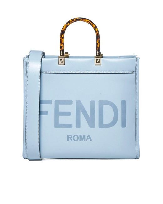 Fendi Leather Sunshine Logo Printed Medium Tote Bag in Blue - Lyst