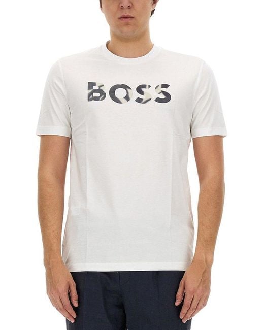 Boss White Logo Printed Crewneck T-Shirt for men