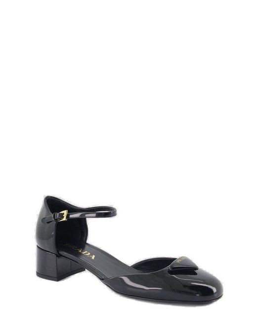 Prada White Triangle-Logo Round-Toe Pumps
