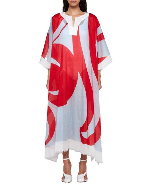 Dries Van Noten Red Print Cotton Caftan Dress