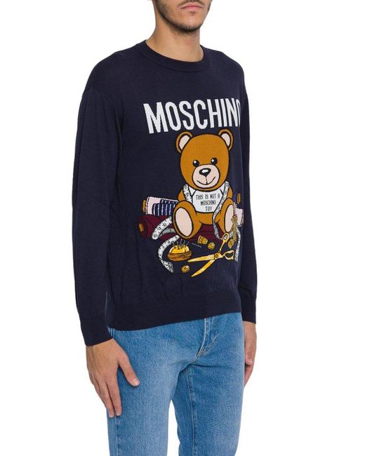 Moschino Blue Teddy Bear Intarsia Knitted Crewneck Jumper for men