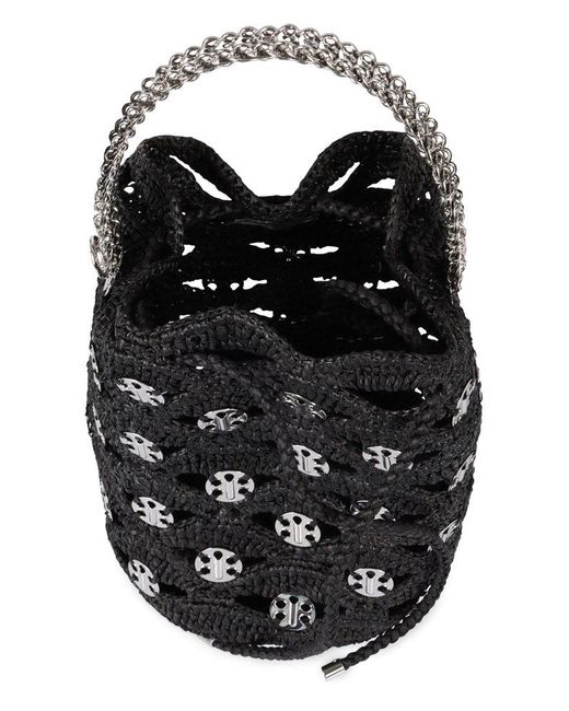 Rabanne Black Raffia Drawstring Bucket Bag