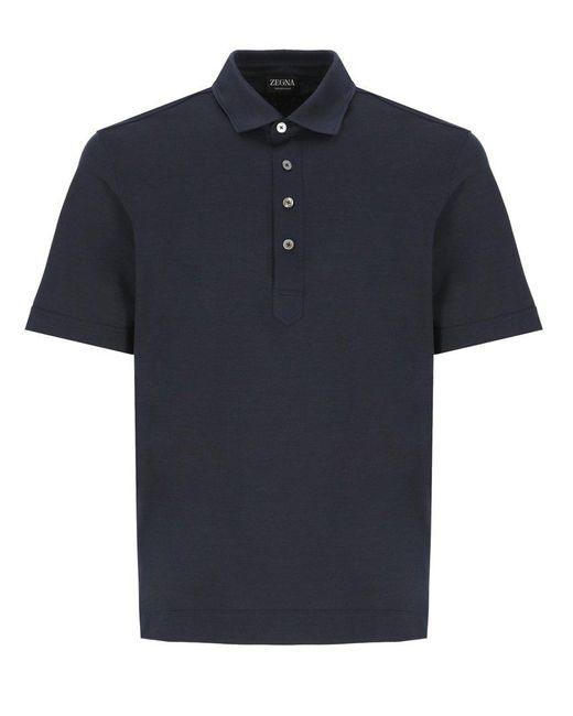 Zegna Blue Button Detailed Short-sleeved Polo Shirt for men