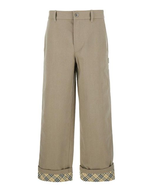 Burberry Natural Pants With Logo Embroidery On The Side And Turn-Up Checked Hem for men