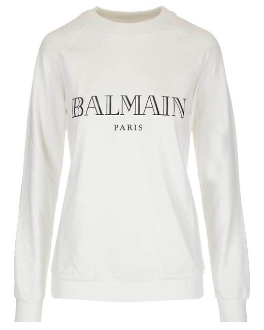 Balmain Cotton Logo Crewneck Sweatshirt in White - Save 50% - Lyst