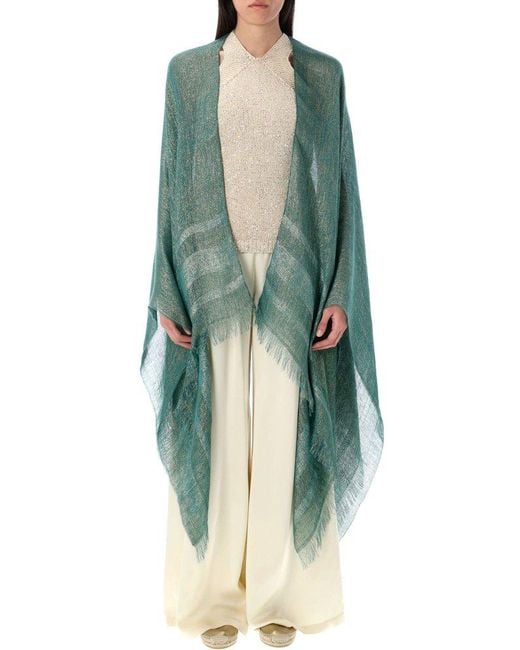 Fabiana Filippi Green Cape With Lurex Detail And Fringed Edges