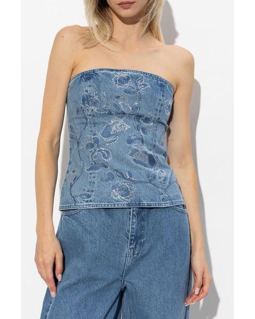 ROTATE BIRGER CHRISTENSEN Blue Denim Top With Shimmering Appliqués,