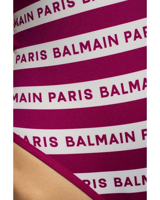 Balmain Pink All-over Logo One Piece Swimsuit