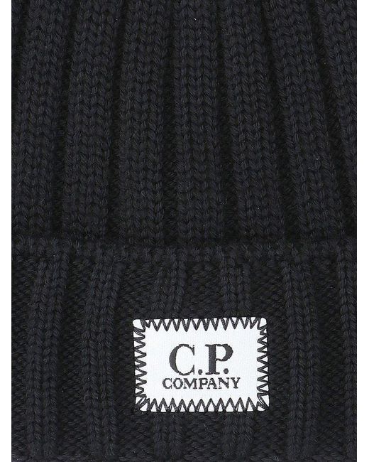 C P Company Black Logo Beanie for men