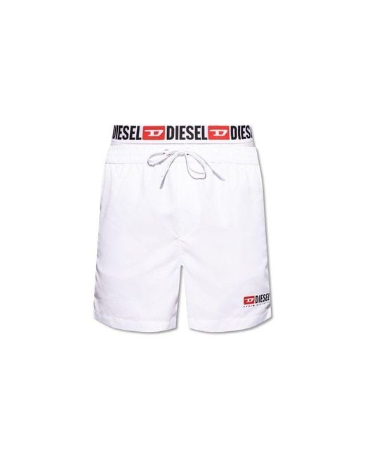 DIESEL White Bmbx-visper-41 Logo Printed Drawstring Swim Shorts for men