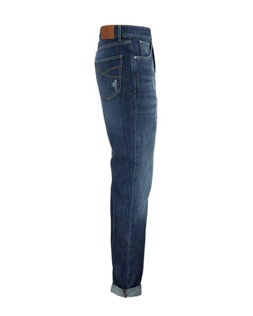 Brunello Cucinelli Blue Five-pocket Leisure Fit Trousers In Old Denim With Rips for men