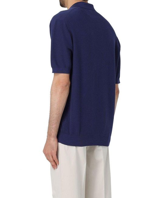 Zegna Blue Short Sleeved Knitted Polo Shirt for men