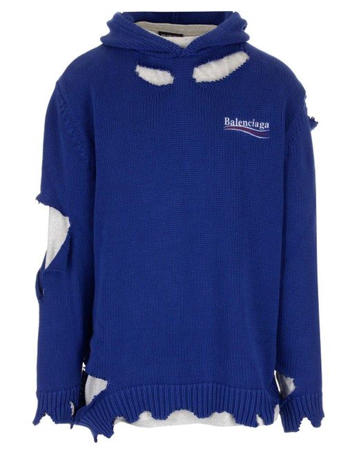Balenciaga Cotton Political Campaign Destroyed Hoodie in Blue for Men