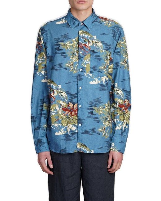 Aspesi Blue Floral-printed Long Sleeved Shirt for men