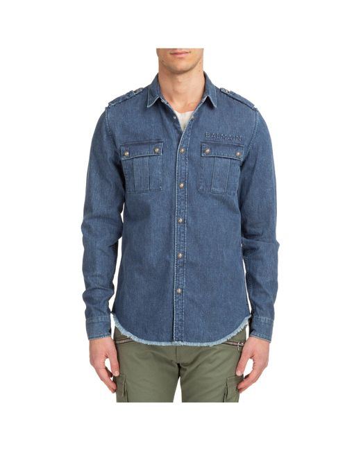 Balmain Logo Embossed Buttoned Denim Shirt in Blue for Men - Lyst