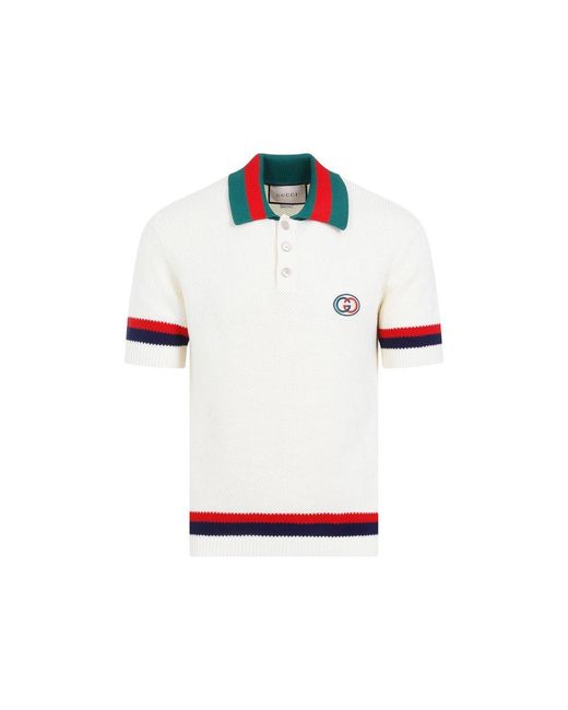 Gucci White Logo Embroidered Knit Polo Shirt for men