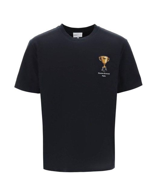 Maison Kitsuné Black T Shirt With Trophy Embroidery for men