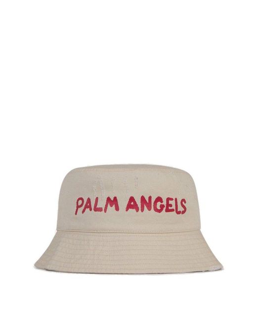 Palm Angels White Logo Printed Distressed Bucket Hat for men