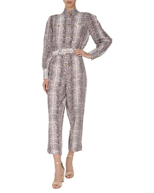 Zimmermann One Piece Silk Suit With Animal Print And Logo Buttons In Gray Lyst