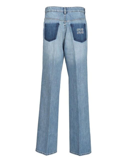 パンツ MIU MIU Women Straight Pants GWP394S23217GG F0076 BLUE Miu Miu Celeste Blue Straight-Fit Logo Jeans | Fashion Clinic