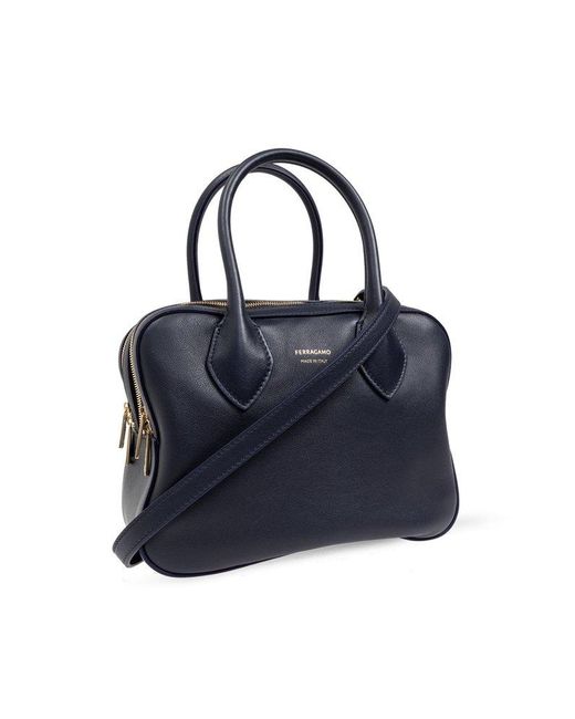 Ferragamo Blue Logo-Stamp Zipped Tote Bag