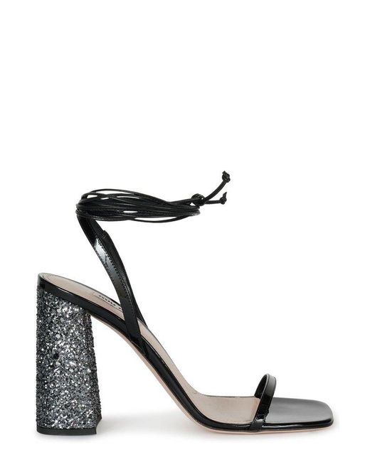 Miu Miu Black Ankle Tie-fastened Block Heeled Glitter Sandals