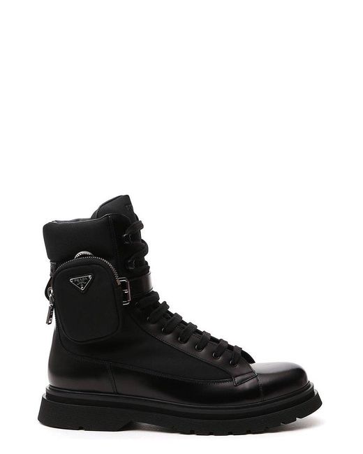 Prada Black Strapped Pouch Lace-up Boots for men