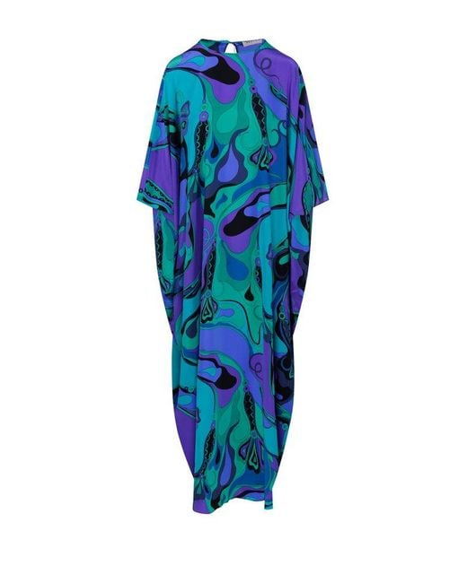 Emilio Pucci Blue Silk Orchidee Print Kaftan