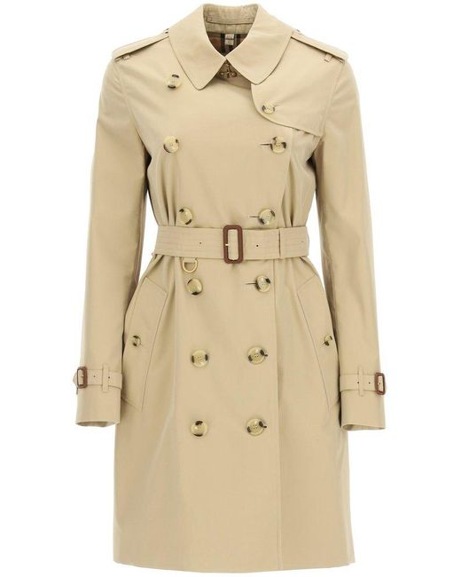 Burberry Cotton Button Detailed Kensington Trench Coat in Beige ...
