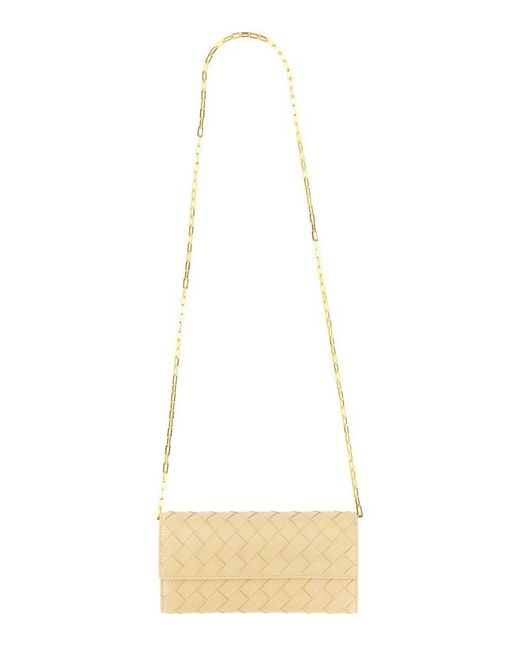 Bottega Veneta Woven Fold-over Chained Shoulder Bag in White | Lyst