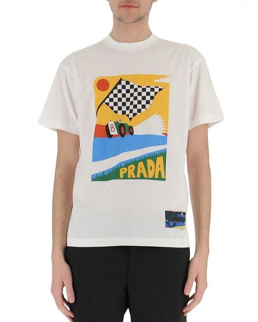 Prada White Race Car Printed T-shirt for men