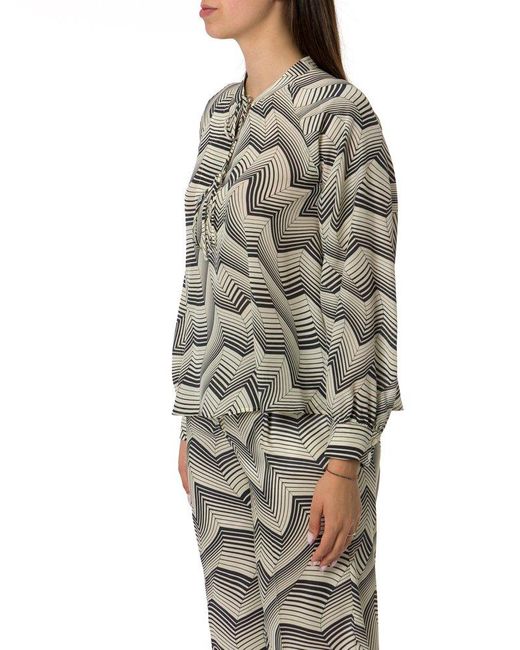 Marella Gray Lush Foliage Printed Tie-Up Collor Blouse