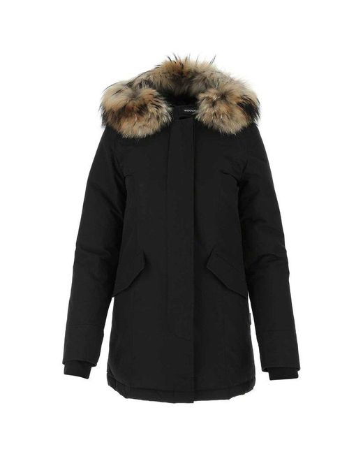 Woolrich Black Fur-trimmed Hooded Padded Coat